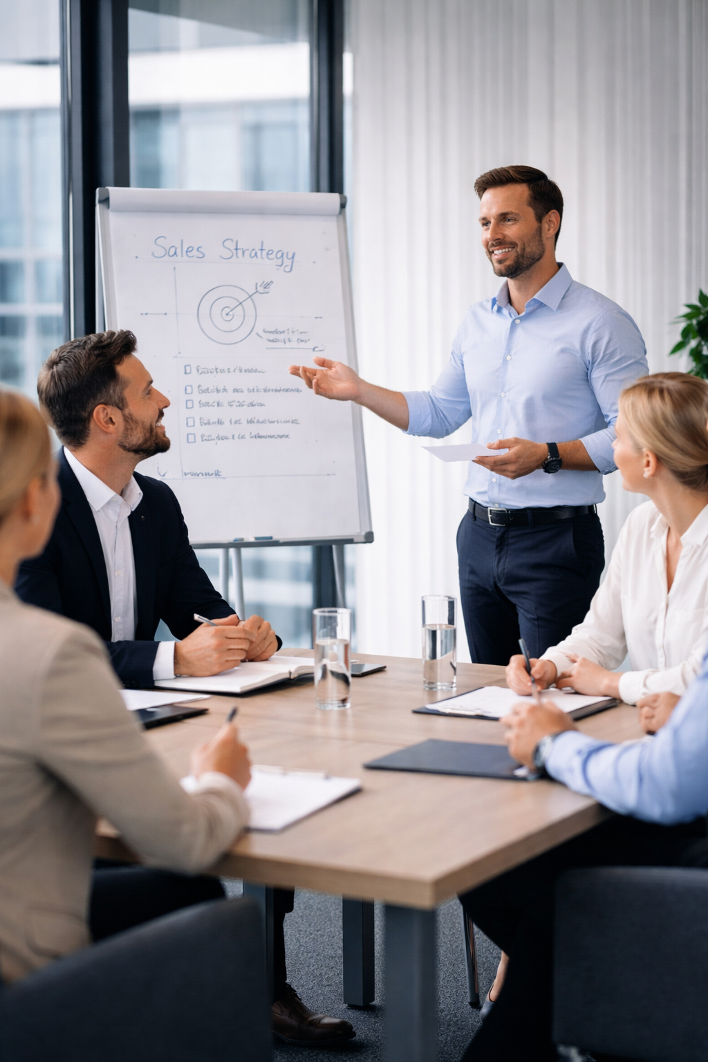 Salgstræning i mødelokale med et B2B-salgsteam