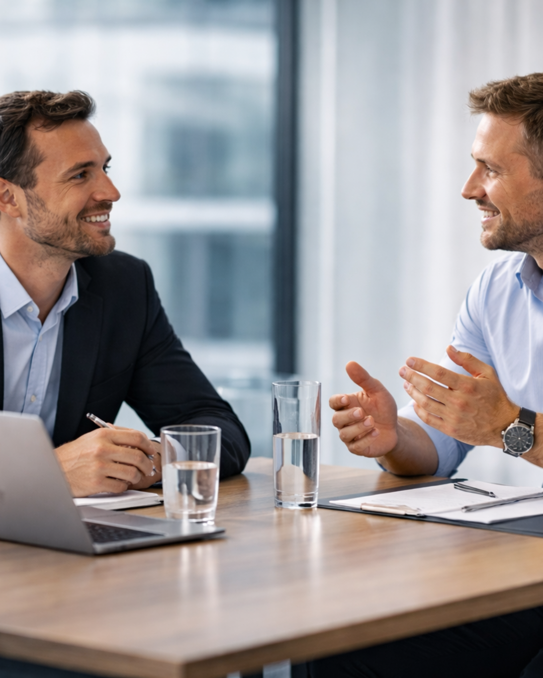 To personer i salgsdialog ved et mødebord